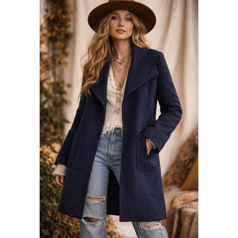 Bernardo Textured Wool Blend Coat Womens Sz Large Long Shawl Collar Luxury Navy - Picture 1 of 11